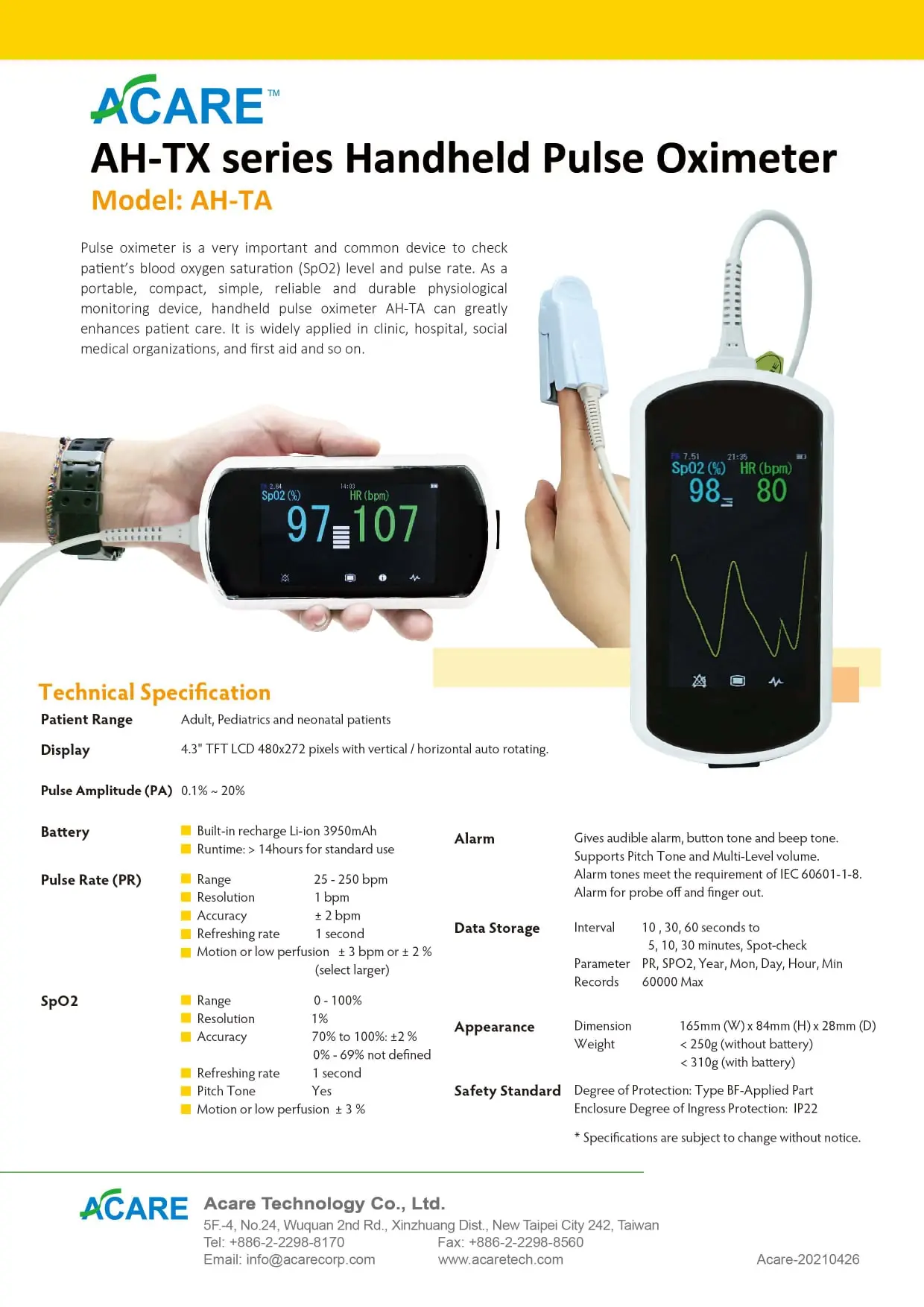 Acare Touch Screen Handheld Pulse Oximeter AH-TX